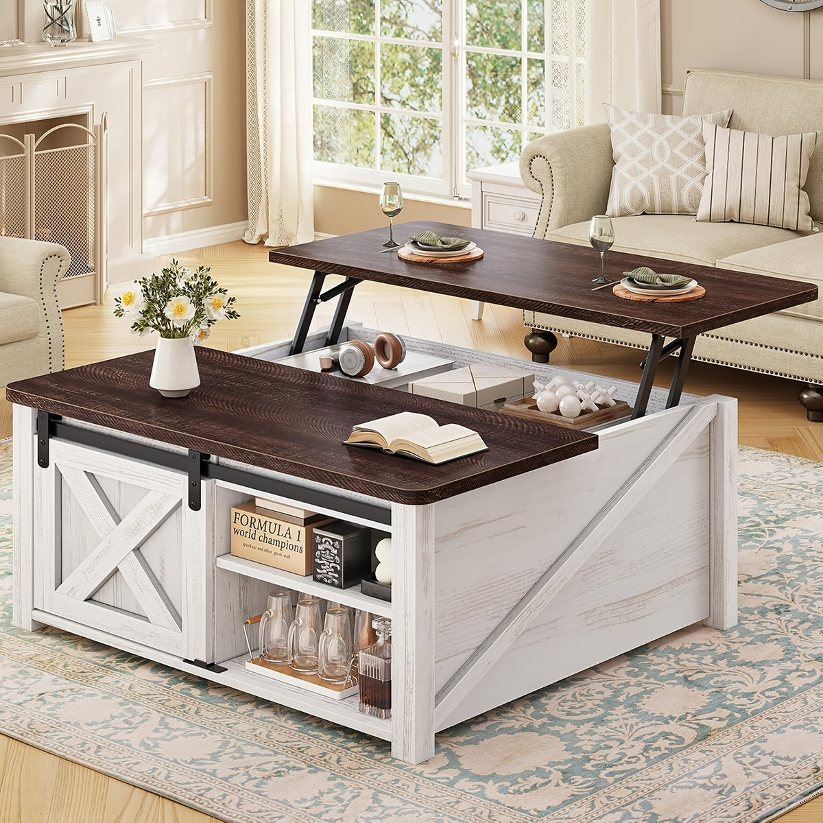 Lift Top Coffee Table with Storage, 31.5-Inch Square Farmhouse Design with Sliding Barn Door, Gas Strut Lift and Adjustable Shelves for Living Rooms