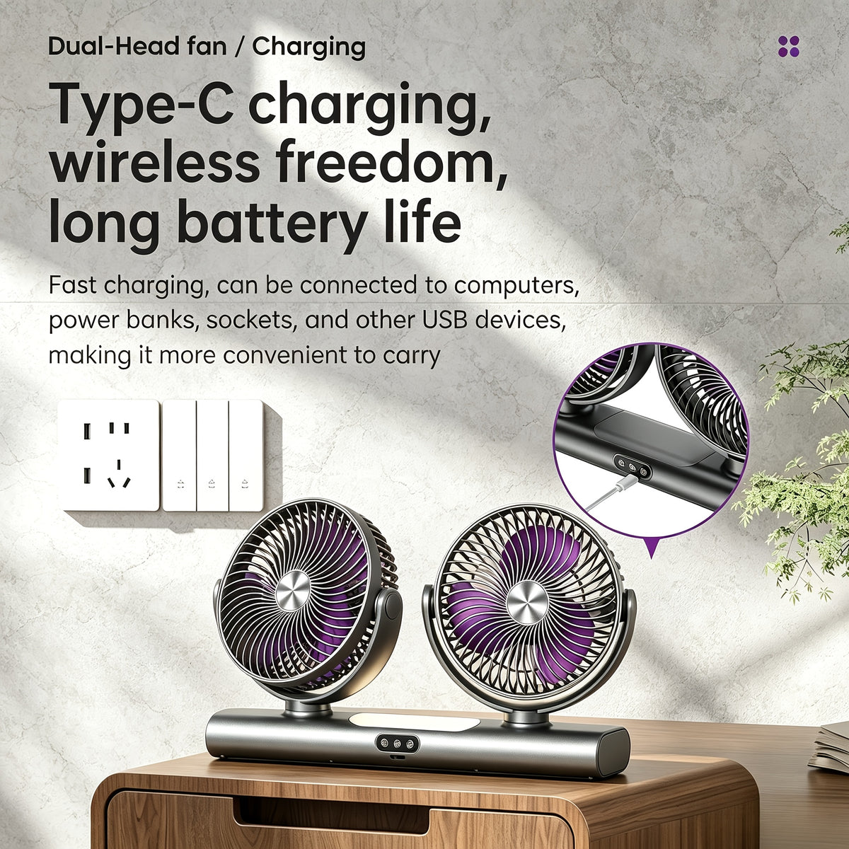 Grey Dual-Head Desktop Fan with Listed USB Charging, Three-Speed Adjustment, Multi-Angle Airflow and Ambient Night Light for Home, Office and Camping Use