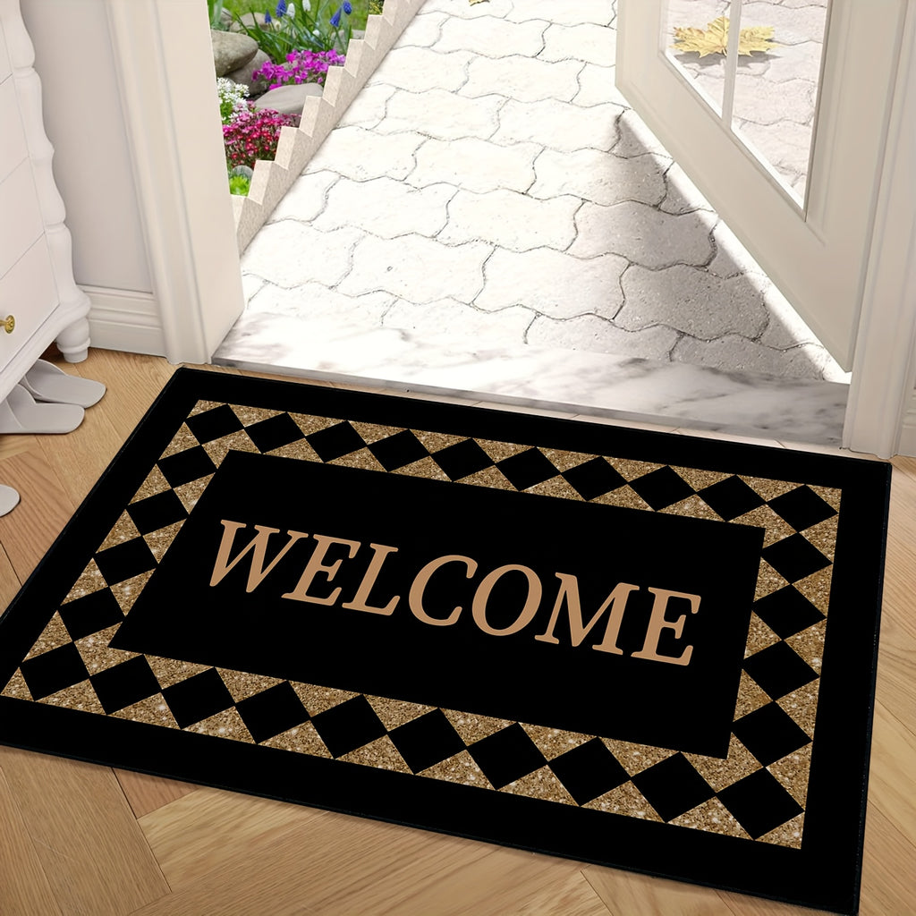 Black Welcome Doormat, Indoor Entrance Floor Mat in 16 x 24 or 20 x 32 Inch Size Options for Home Entryways, Hallway Decor and Housewarming Gift Ideas