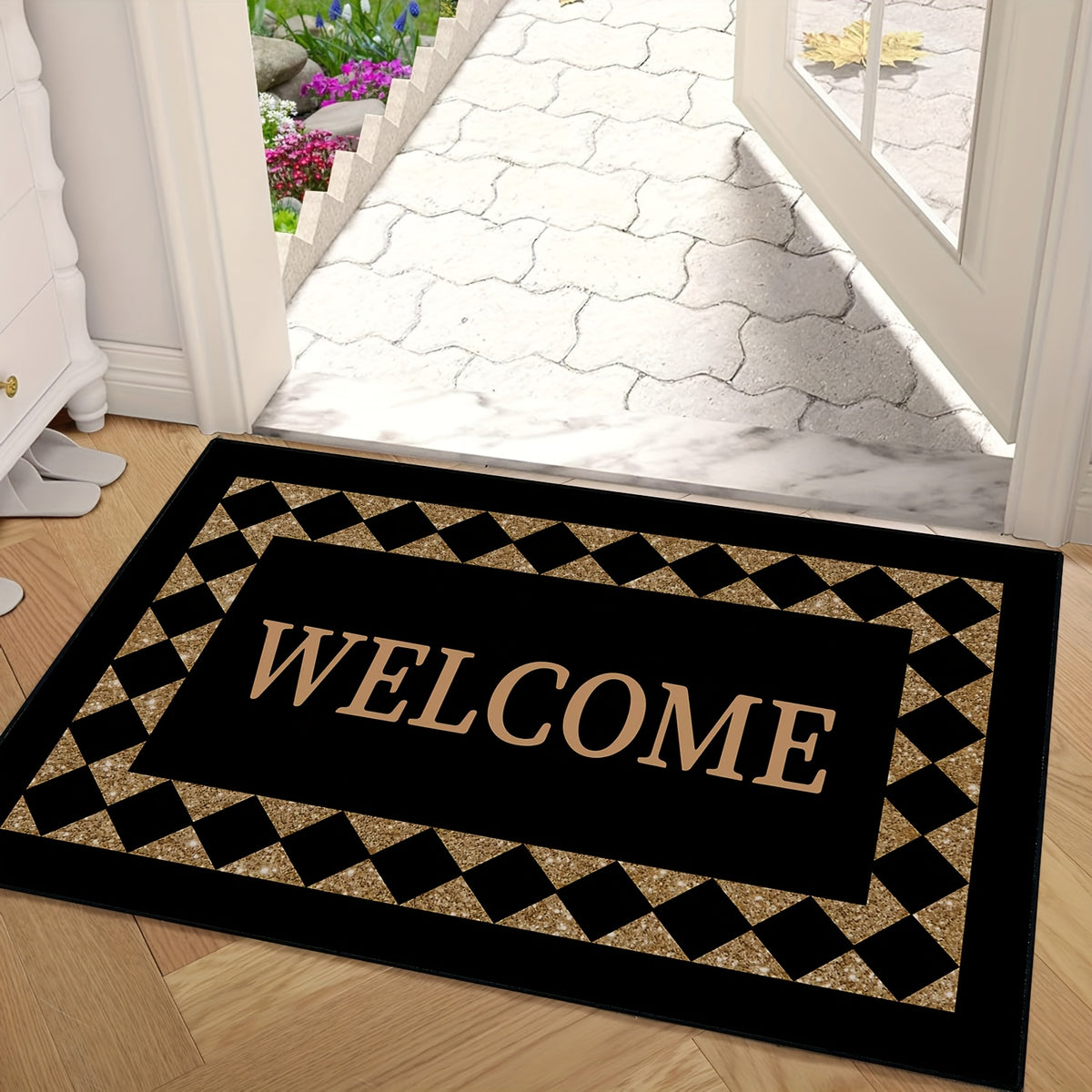Black Welcome Doormat, Indoor Entrance Floor Mat in 16 x 24 or 20 x 32 Inch Size Options for Home Entryways, Hallway Decor and Housewarming Gift Ideas