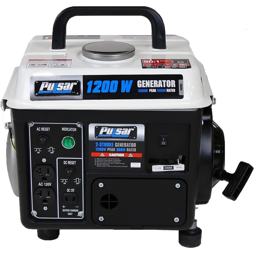 Gas-Powered Portable Generator by Pulsar with Carrying Handle, Listed 1200 Peak and 900 Running Watts, Recoil Start and 120V Outlets for Outdoor Power