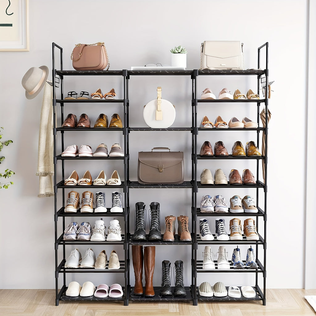 Nine-Tier Shoe Rack with Hooks, Black Metal Stackable Footwear Organizer with Listed 50–55 Pair Capacity for Entryway, Bedroom and Closet Storage