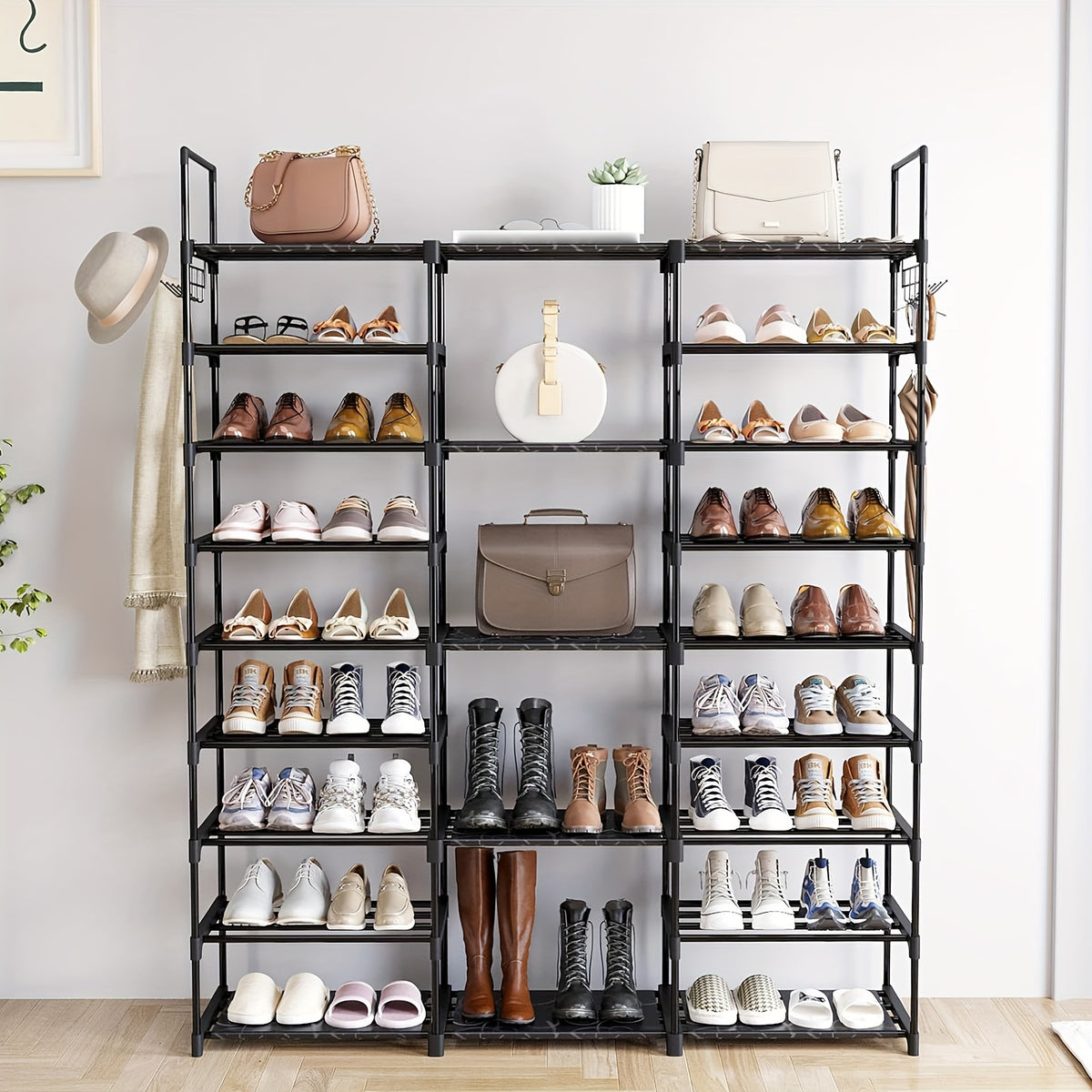 Nine-Tier Shoe Rack with Hooks, Black Metal Stackable Footwear Organizer with Listed 50–55 Pair Capacity for Entryway, Bedroom and Closet Storage