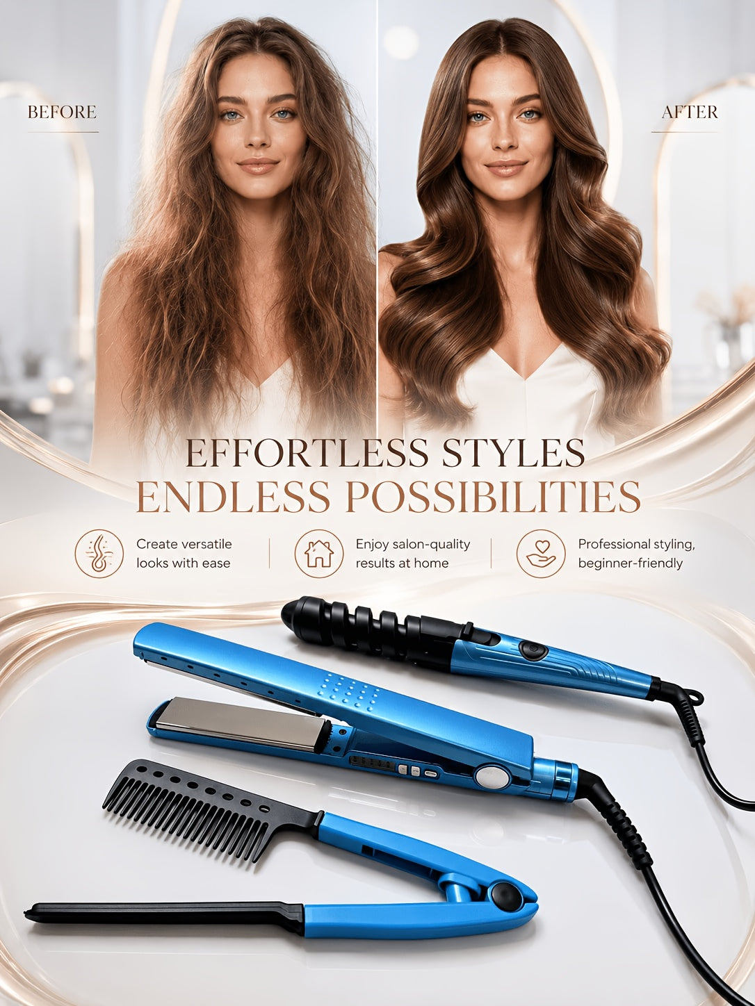 Flat Iron and Curling Iron Hair Styling Set with Comb, Upgraded Three-in-One Kit for Straight Hair, Curls and Wave Styling Routines, Birthday or Mother's Day Gift Idea
