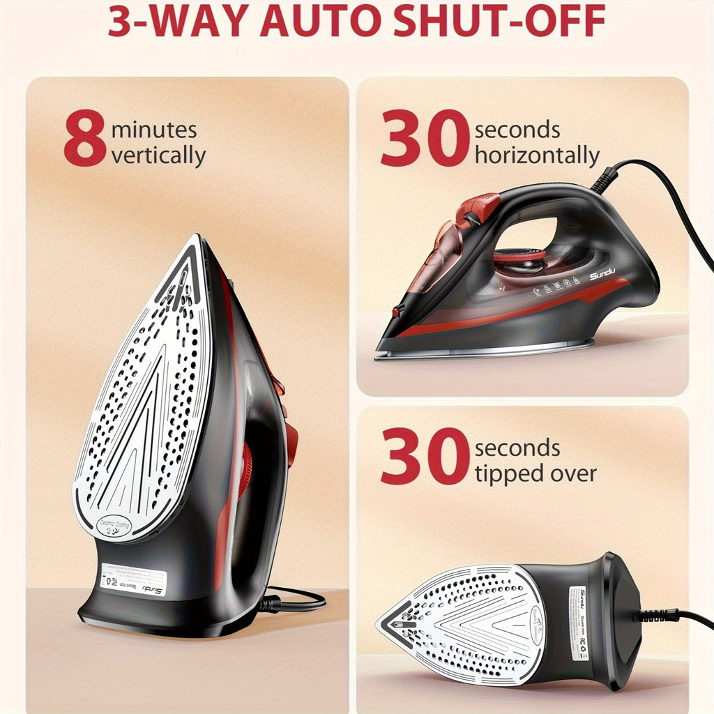 Ceramic Soleplate Steam Iron by Sundu, 1500W Red Clothes Iron with Thermostat Dial, Self-Cleaning and Auto-Off, 11.83oz Capacity Option for Home Garment Care