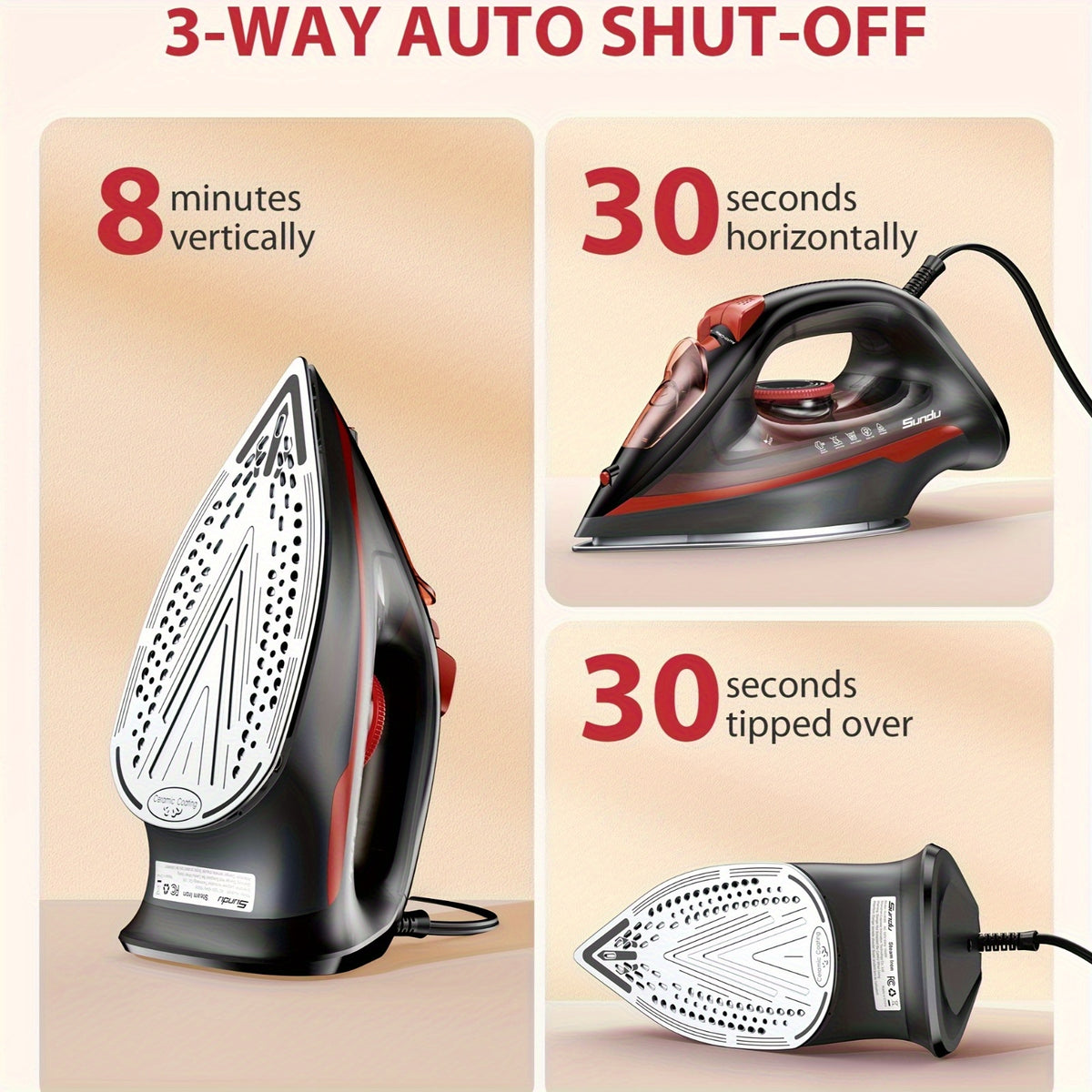 Ceramic Soleplate Steam Iron by Sundu, 1500W Red Clothes Iron with Thermostat Dial, Self-Cleaning and Auto-Off, 11.83oz Capacity Option for Home Garment Care
