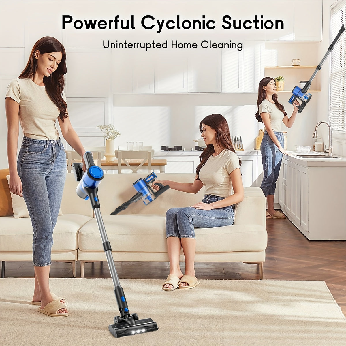 Rechargeable Stick Vacuum for Home with Cordless Handheld Cleaning Design, Listed 8-in-1 Format for Hard Floors, Carpets and Pet Hair, Eight Option Labels