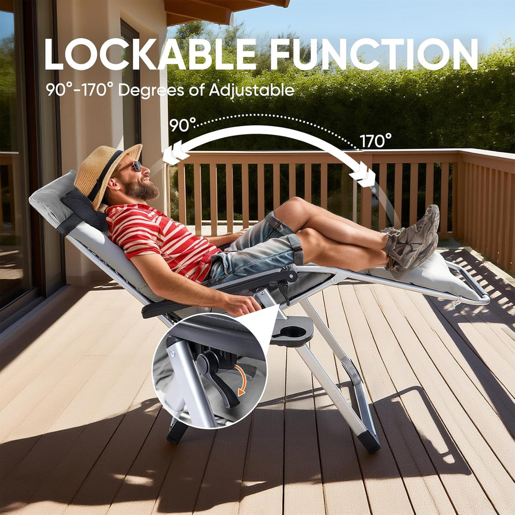 Single Zero Gravity Patio Chair with Removable Cushion and Cup Holder Tray, Foldable Outdoor Recliner in Black or Gray for Beach and Poolside Relaxation