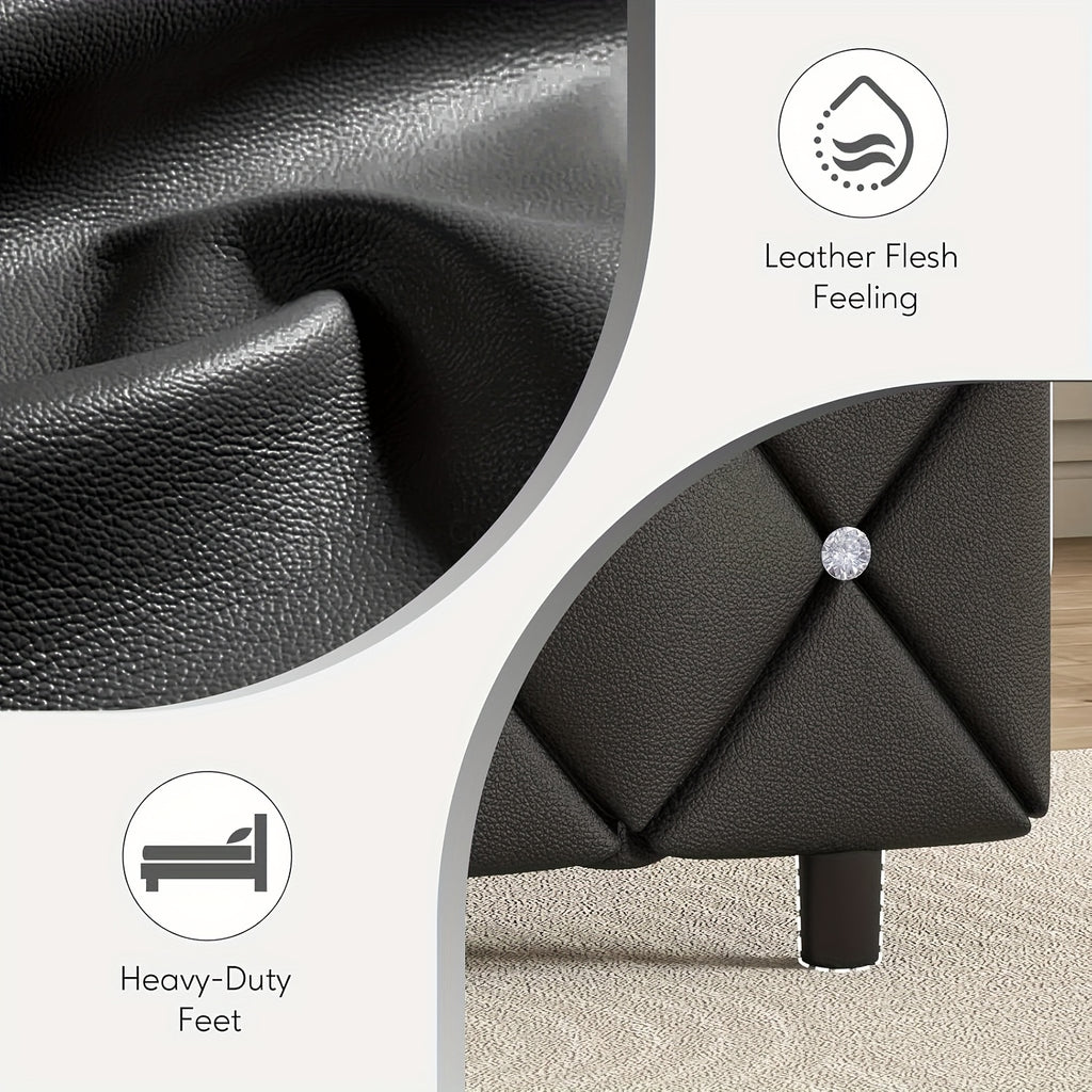 Diamond Tufted Upholstered Bed Frame in Black Faux Leather with Headboard, Footboard and Wooden Slat Support, Twin, Full, Queen and King Options