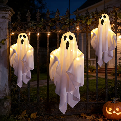 LED Hanging Ghost Decorations 3-Pack, Listed 20-Inch White Polyester Halloween Ghosts for Indoor Parties and Suitable Porch, Tree and Yard Displays