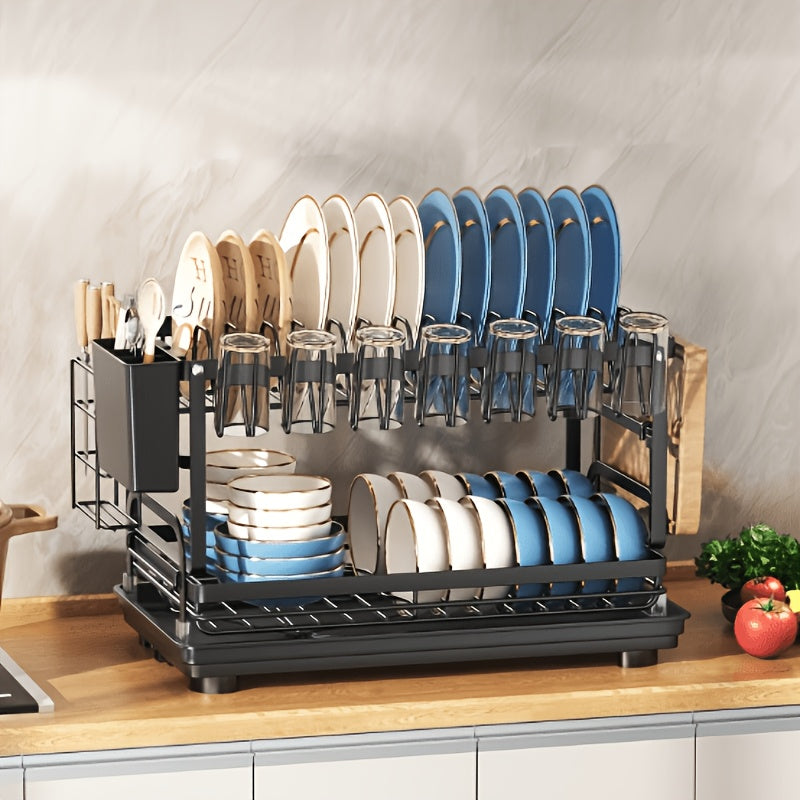 Metal Countertop Dish Rack for Kitchen Tableware Organization, Two-Tier Painted Rack Design with Utensil Holder Reference and Black, Dark Grey or Base Options