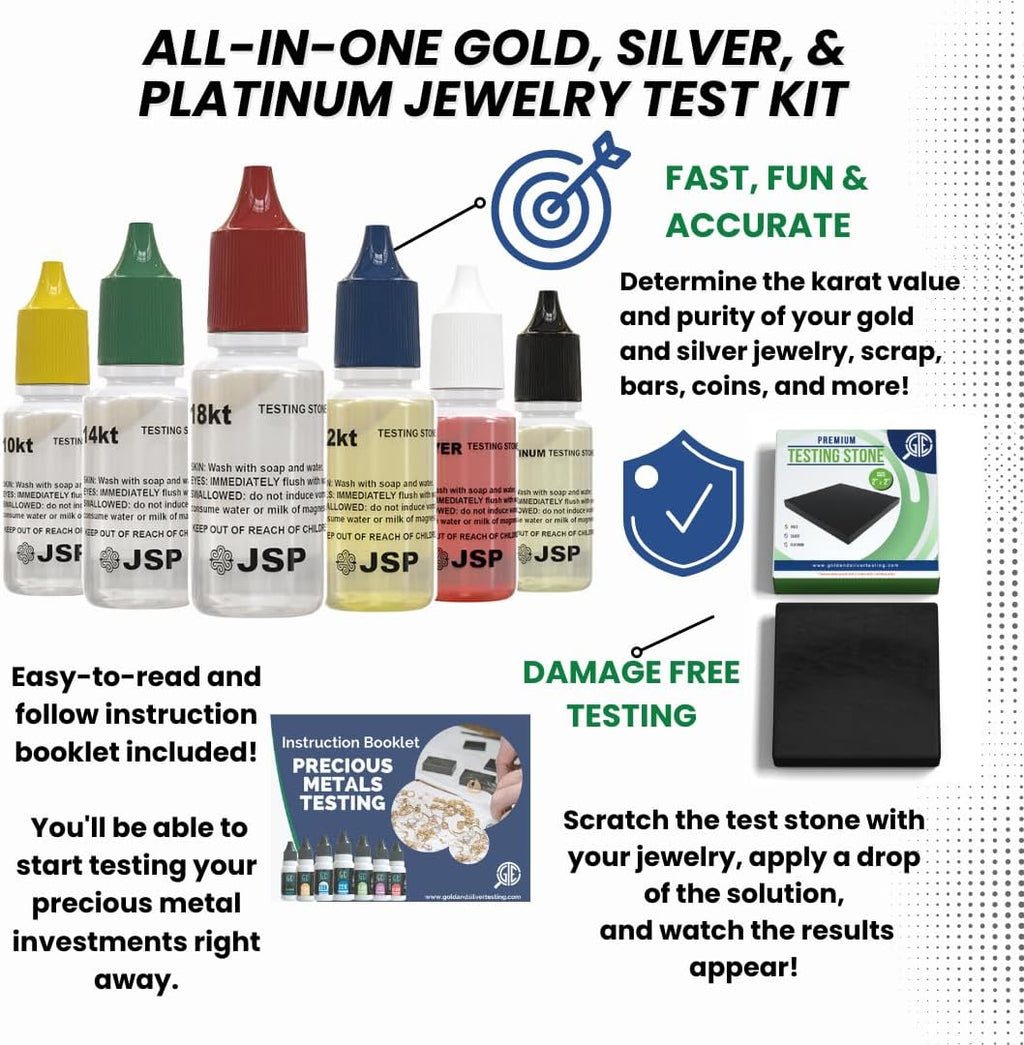 Precious Metal Testing Kit with Bamboo Storage Box, Listed Gold and Silver Solutions, 2-Inch Scratch Stone and 30X Loupe Reference for Experienced Adult Jewelry Evaluation