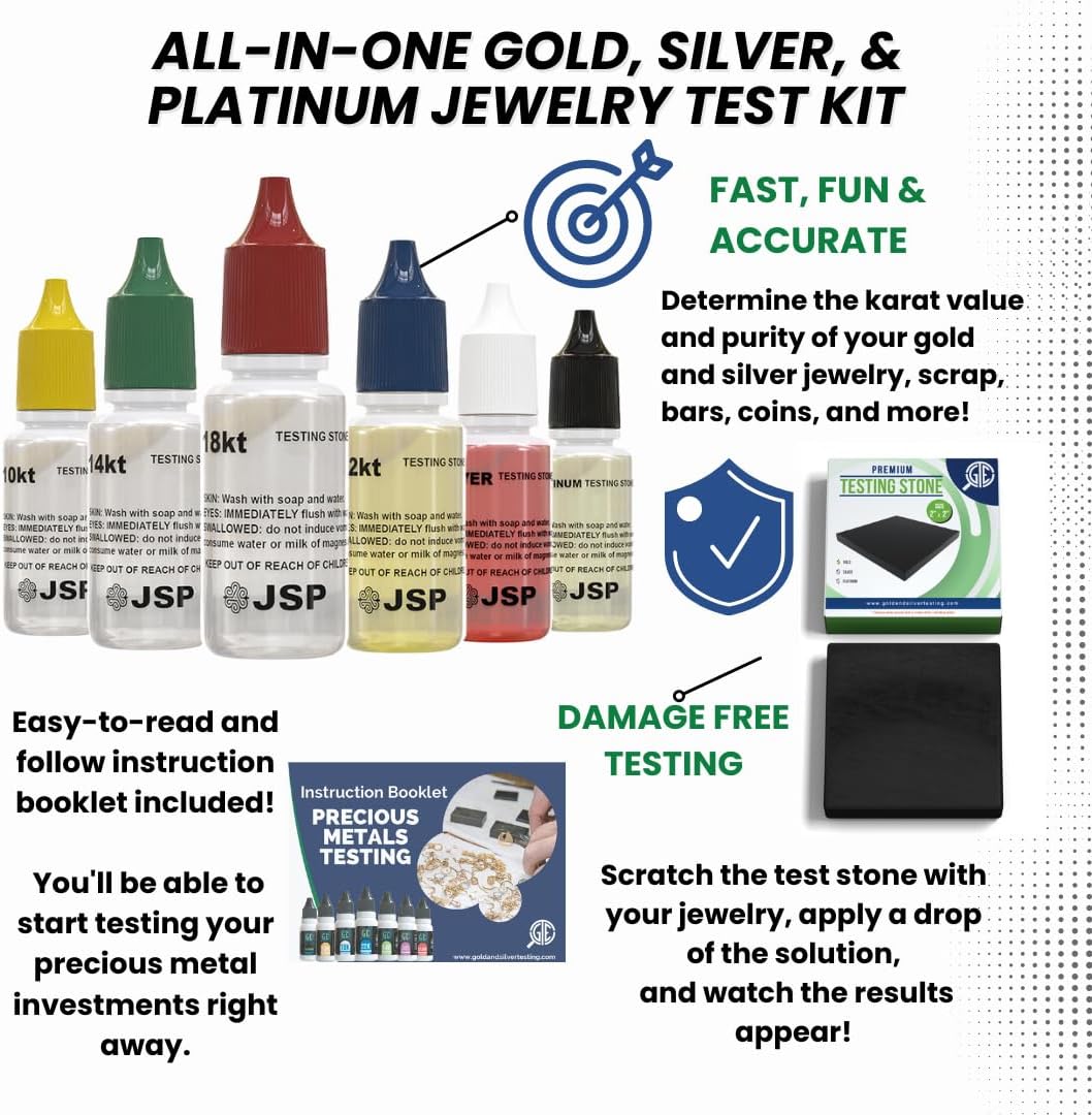 Precious Metal Testing Kit with Bamboo Storage Box, Listed Gold and Silver Solutions, 2-Inch Scratch Stone and 30X Loupe Reference for Experienced Adult Jewelry Evaluation