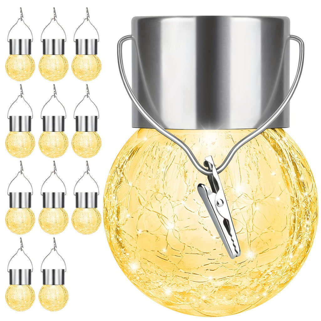 Solar Hanging Globe Lights with Crackle-Style Ball Design, Handles and Clips, Warm Light or Colored Lanterns in 8- or 16-Pack Options for Garden and Patio Decor