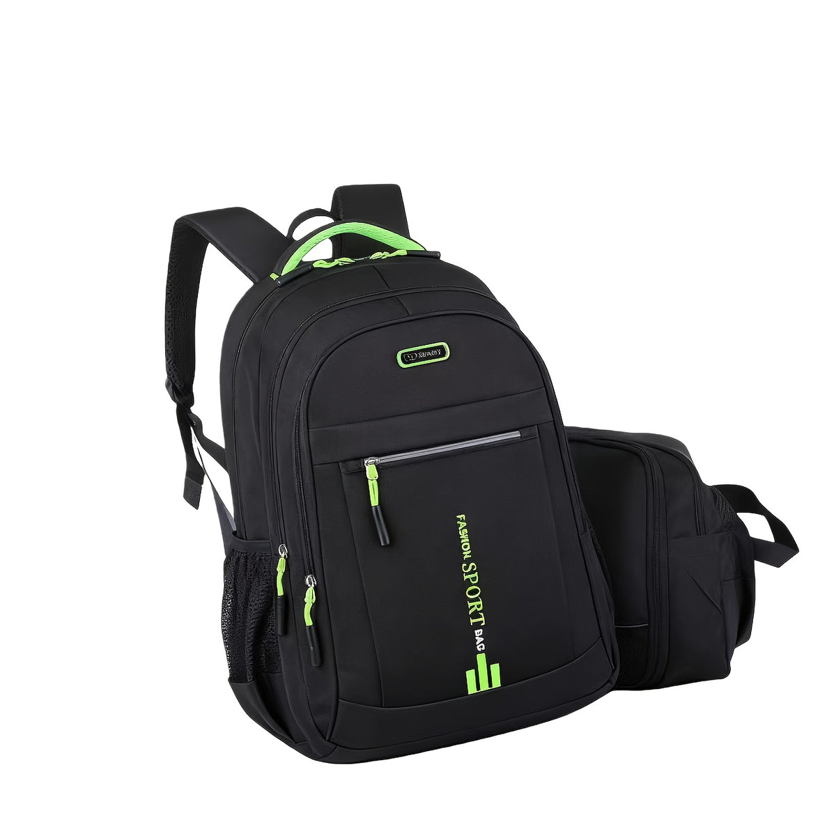 Travel Backpack with Plush Ball Pendant for Men and Women, Nylon Multi-Compartment Carry Bag with Adjustable Shoulder Straps in Black, Blue, Green or Orange
