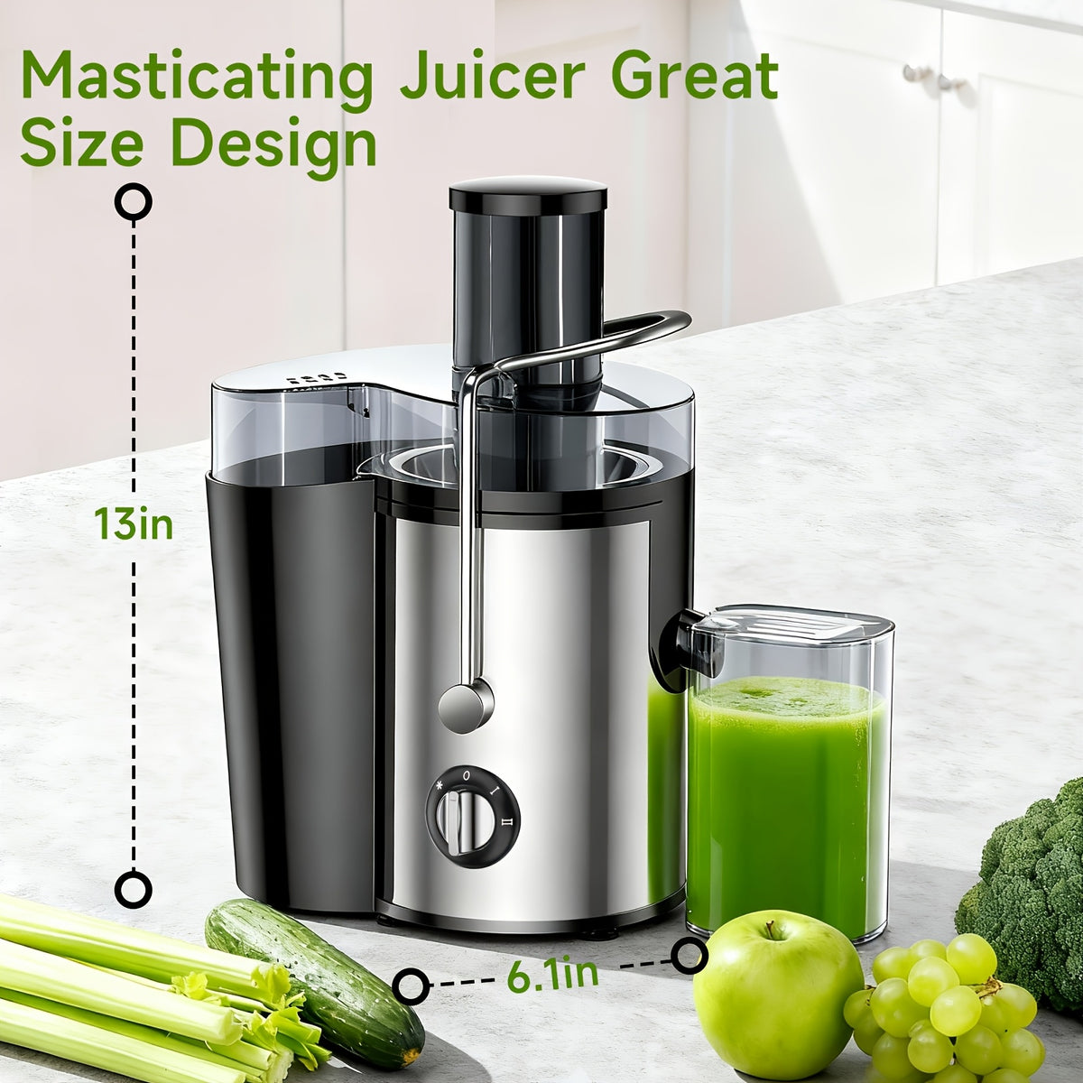Multifunction Juice Extractor in Black with 3-Inch Feed Opening, Three Speed Settings, One-Touch Operation and Detachable Parts for Fruit and Vegetable Preparation