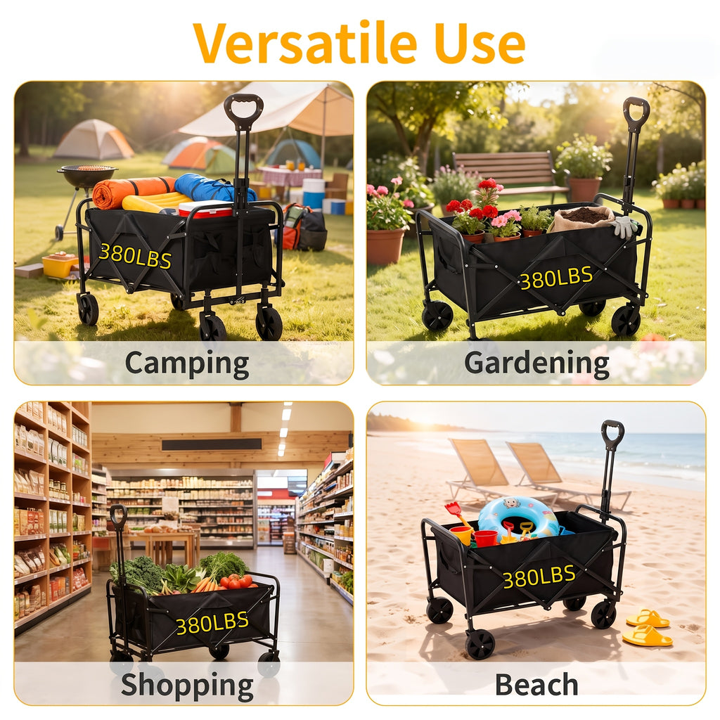 Foldable Utility Cart with Detachable 600D Oxford Fabric and Four Wheels, Alloy Steel Frame Wagon Models for Camping Supplies, Garden Gear and Grocery Transport
