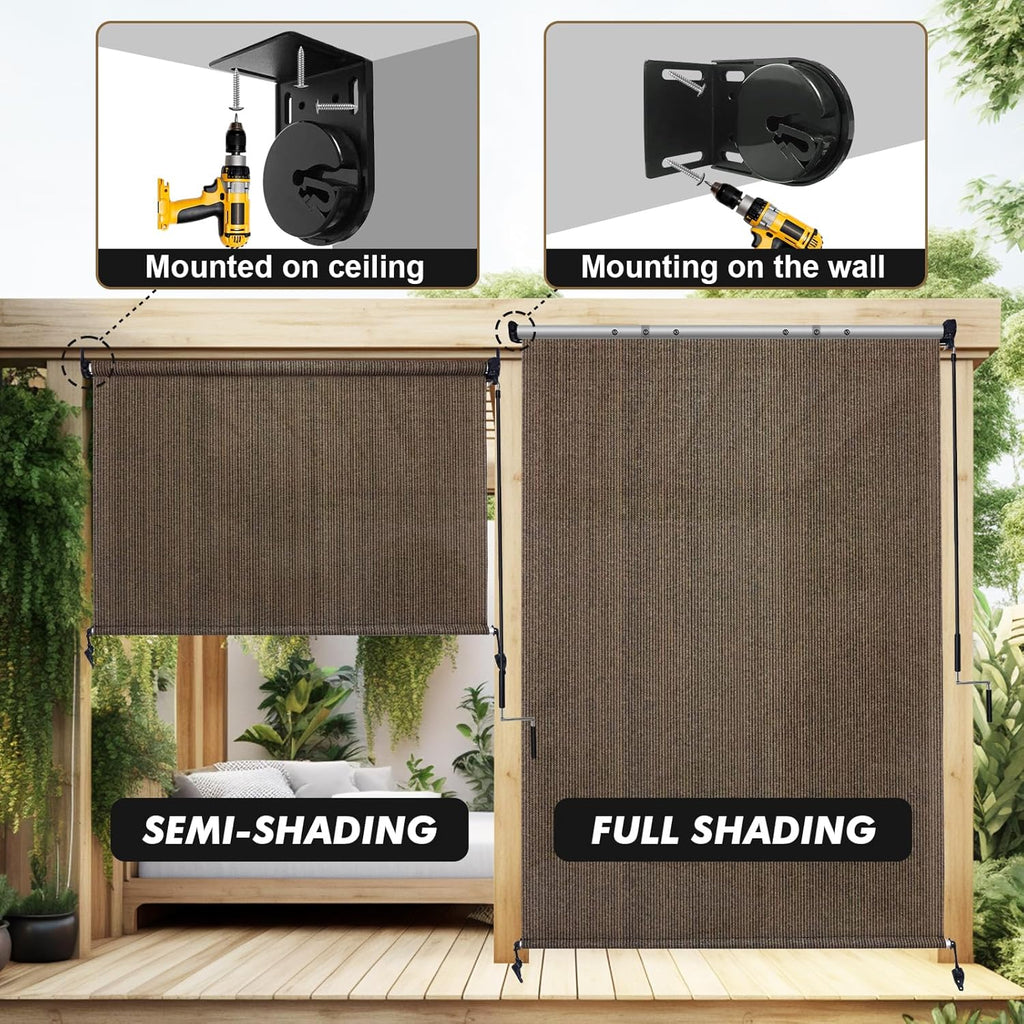 Outdoor Roller Shade in Gray or Mocha, Cordless Roll Up Patio Blind with 220GSM HDPE Fabric, One-Piece Panel and Seven Sizes for Porch, Deck and Balcony