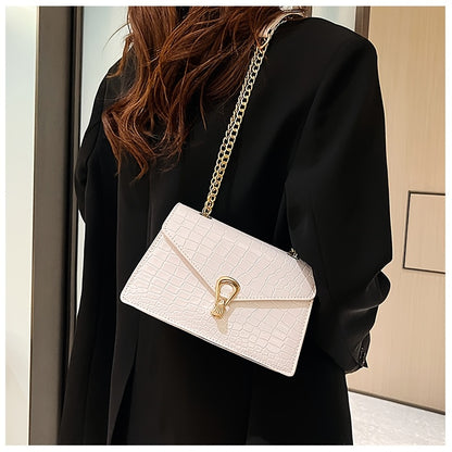Reptile-Pattern Crossbody Bag for Women with Chain Strap Styling and Gold-Tone Hardware, White, Green or Rose Red Shoulder Purse for Casual and Evening Outfits