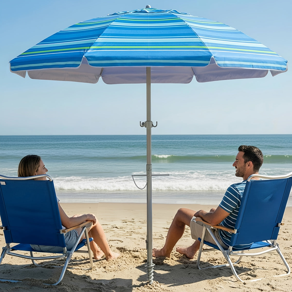 7ft Beach Umbrella with Sand Anchor and Tilt Adjustment, Vented Oxford Cloth Canopy with Fiberglass Ribs in Solid Blue, Baby Blue Stripes or Dark Blue Stripes