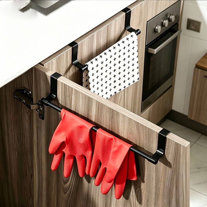 Towel Rack Set in Black Stainless Steel, Upgraded Two-Piece Option with Rear Hook and Punch-Free Design References for Kitchen and Bathroom Organization
