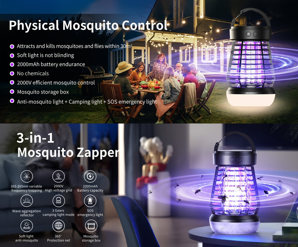 Rechargeable Bug Zapper with Bottom SOS Light and Listed 2000mAh Battery, Compact Electric Insect Trap in Black, White and New J13 Model Selections