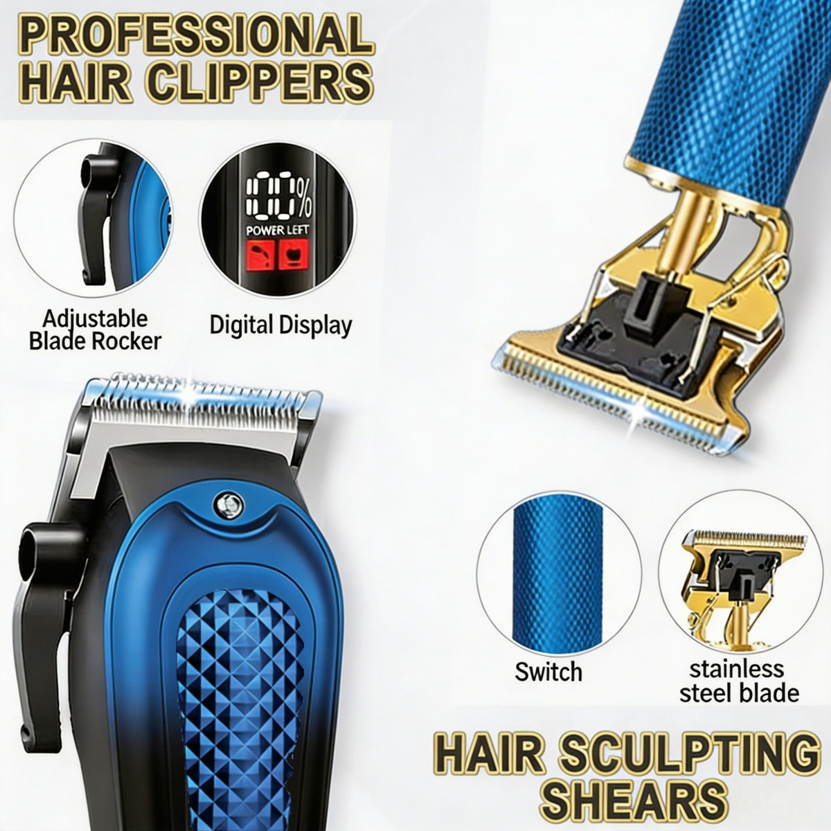 Cordless Hair Clipper and Trimming Kit for Men with LCD Display, Listed Zero-Gap Blades and Dual USB Charging, Black-2 or Golden-4PCS-2 Package Options