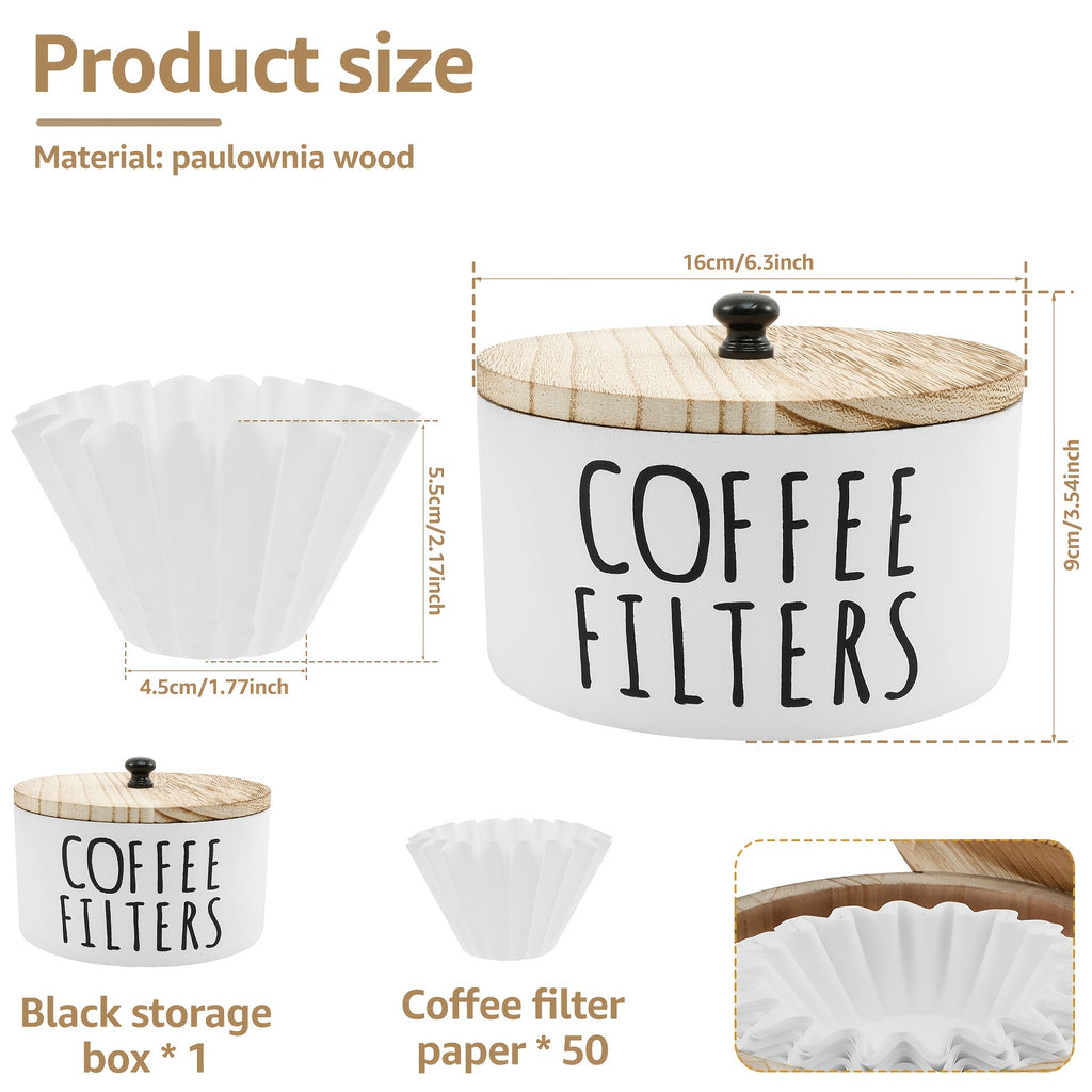 Coffee Filter Holder with 50 Filters for Coffee Bar Organization, White Wooden Round Countertop Storage Container, 16cm Diameter and 9cm Height