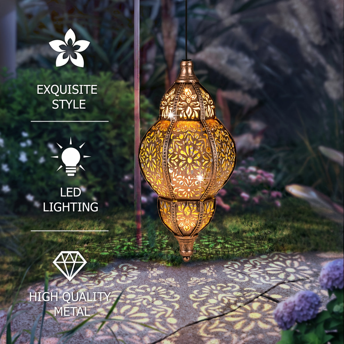 Solar Pendant Lantern in Copper Color with Listed Hollow-Out Iron Design and 27.17-Inch Size Wording for Decorative Patio, Garden, Deck and Porch Displays