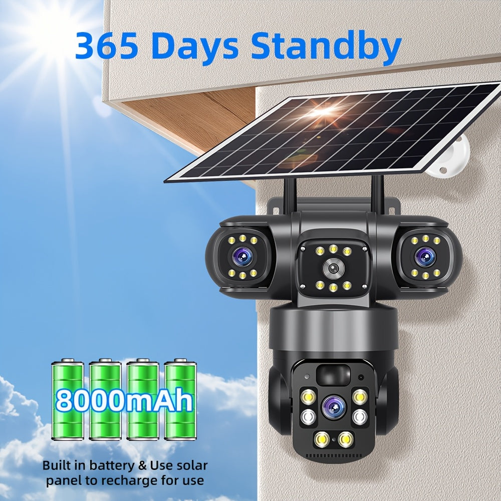 Three-Lens Solar WiFi Security Camera with Listed 355-Degree Pan and 90-Degree Tilt, PIR Alerts, Color Night Vision and Two-Way Audio, Two Package Labels