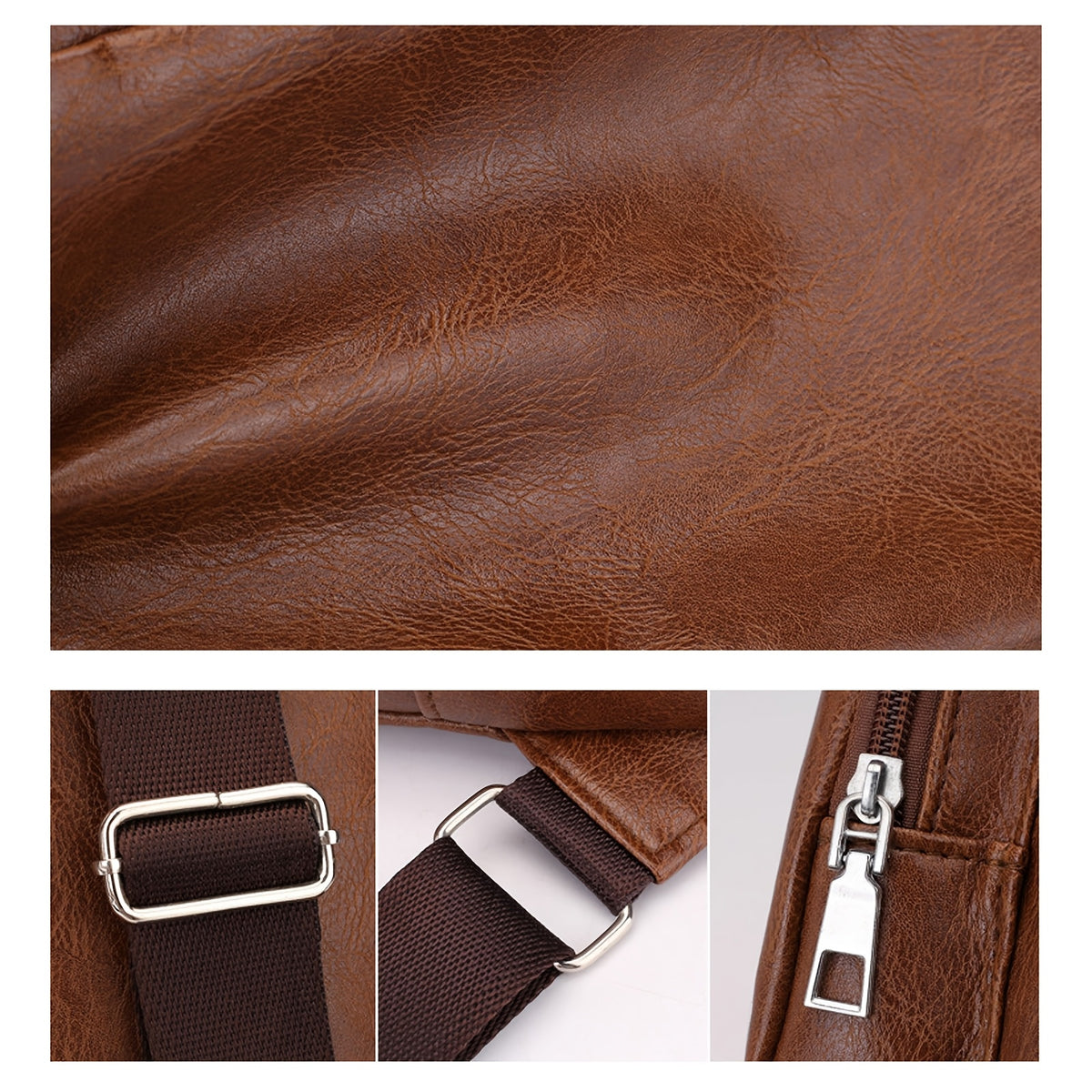 PU Leather Sling Bag for Men and Women with Adjustable Shoulder Strap, Zippered Pockets and Earphone Opening for Daily Walking, Hiking and Travel