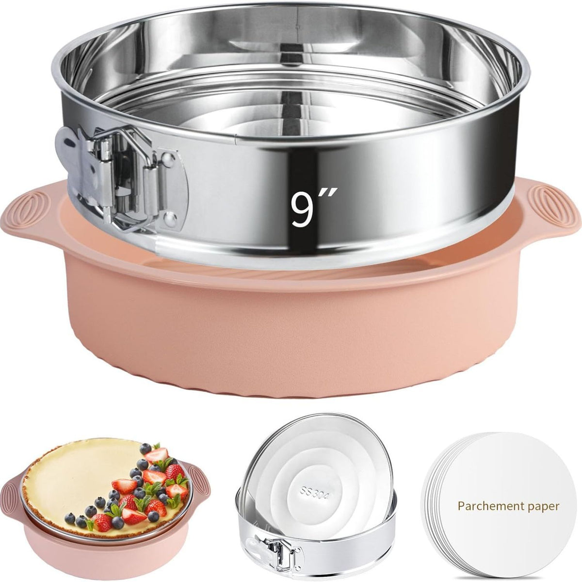 Stainless Steel Springform Pan, 7 or 9 Inch Nonstick Cheesecake Pan with Removable Bottom and Latch, Pan Protector and 50 Parchment Papers for Home Baking