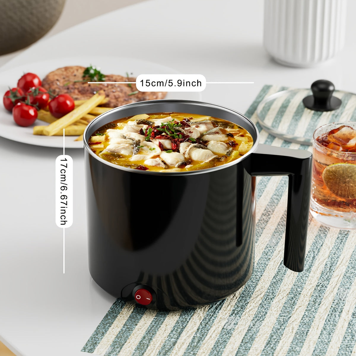 Black Electric Hot Pot with Listed 1.5L Capacity Option and Nonstick Saucepan Design for Noodles, Pasta, Eggs and Steak Preparation in Home Kitchens