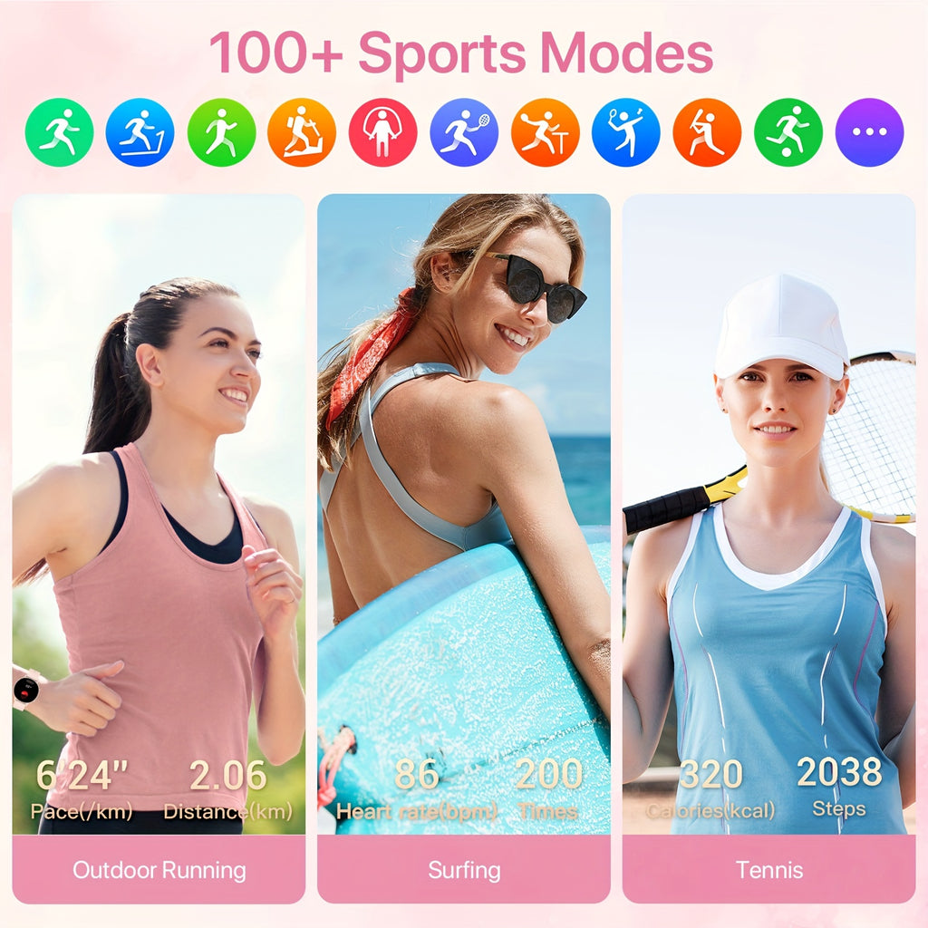 Pink Calling Smartwatch for Women with 1.39-Inch Full Touchscreen, Message Alerts, Step Distance and Calorie Tracking, 100+ Sports Modes for iPhone and Android