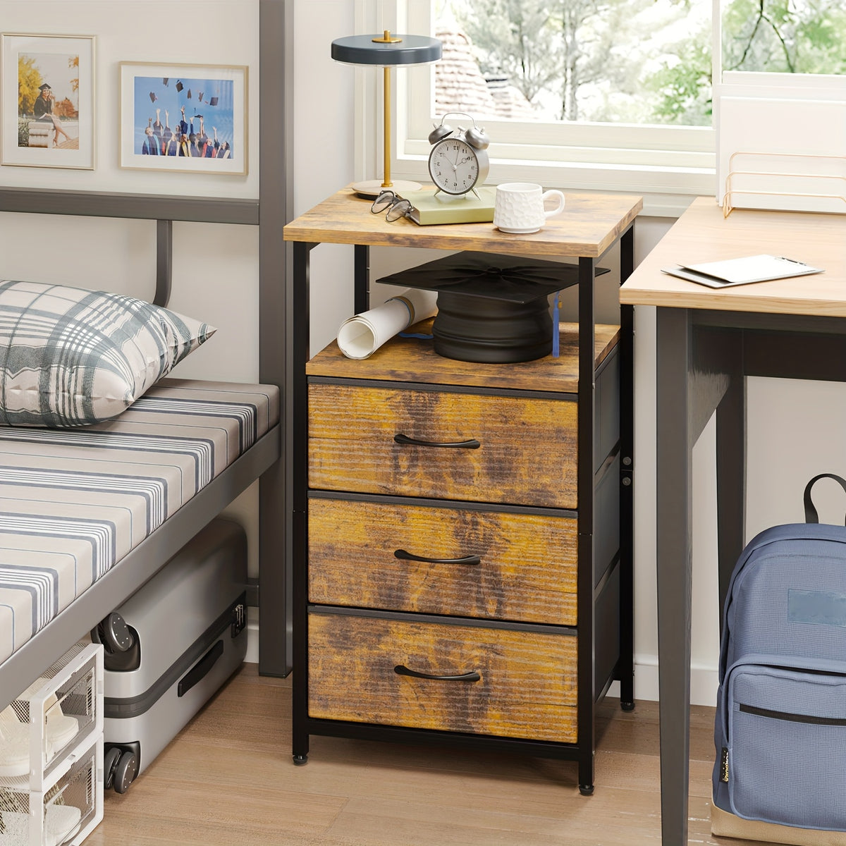 Three-Drawer Fabric Nightstand by WHONLINE with Metal Frame, Open Wood Shelves and Adjustable Feet, Single or Two-Piece Options for Bedroom and Dorm Storage