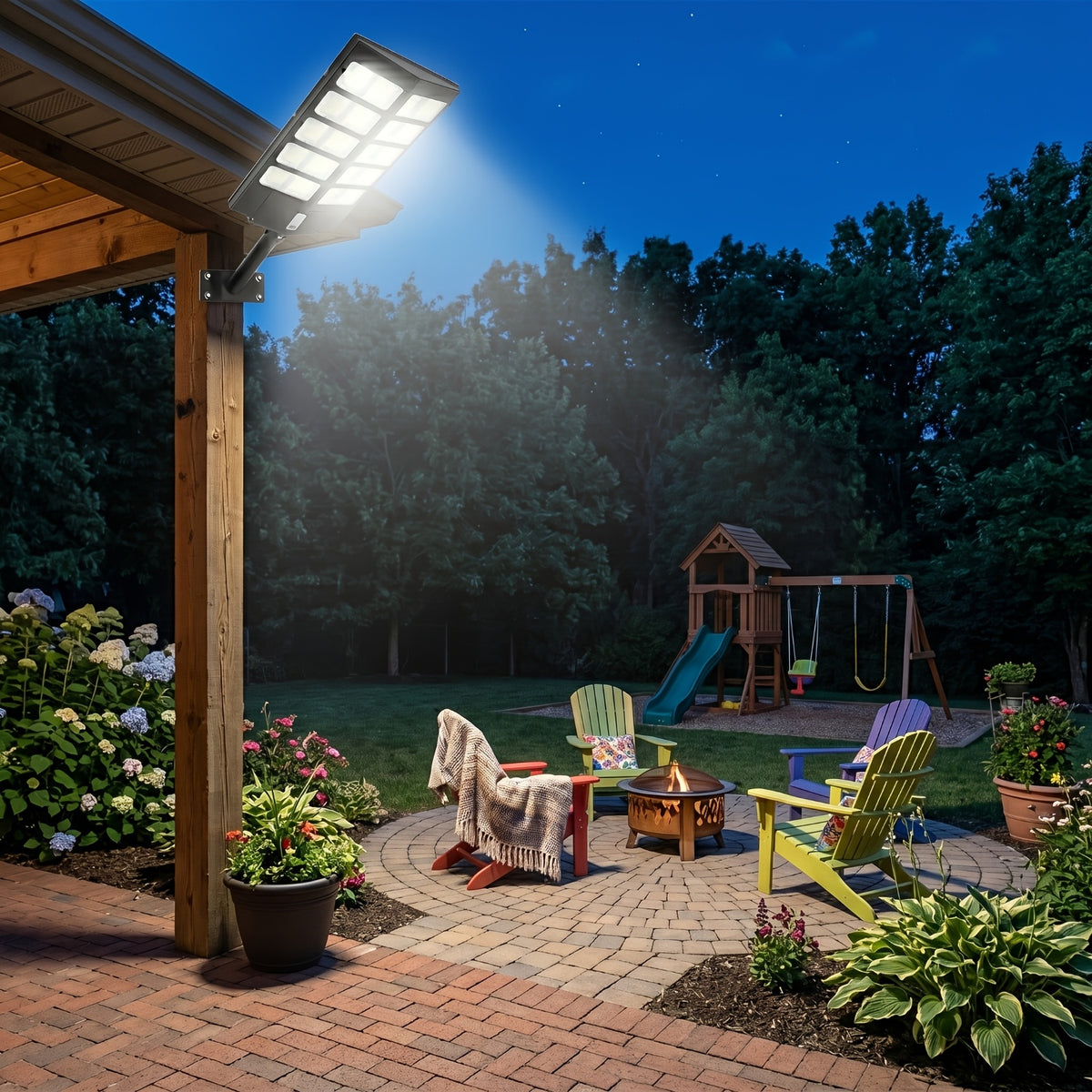 Solar Street Light with Motion Sensor and Remote Control, Matte Black Single-Pack 270, 360 or 800 LED Options with 6500K and Three Lighting Mode References