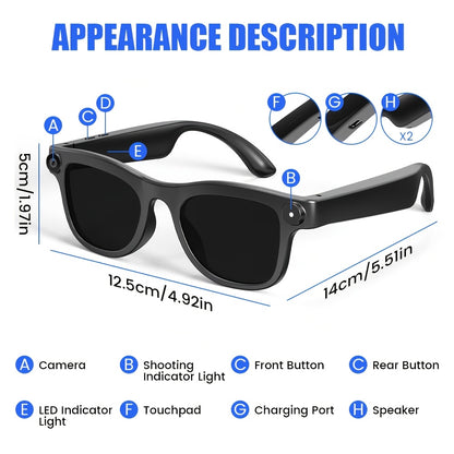 Camera Glasses by KLZO with Listed 13MP Camera, Wireless Recording Eyewear for Photos, Video and Audio with Music and Translation Functions