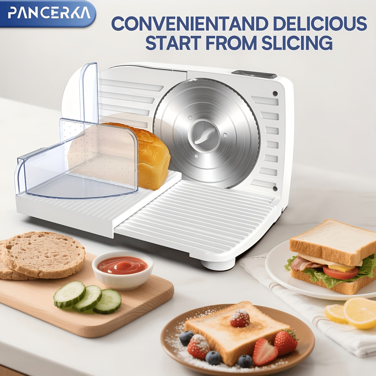 Adjustable Deli Food Slicer by PANCERKA in White, One Electric Cutting Machine with Listed 0–15mm Thickness Range and 130–200W Wording for Compatible Kitchen Foods