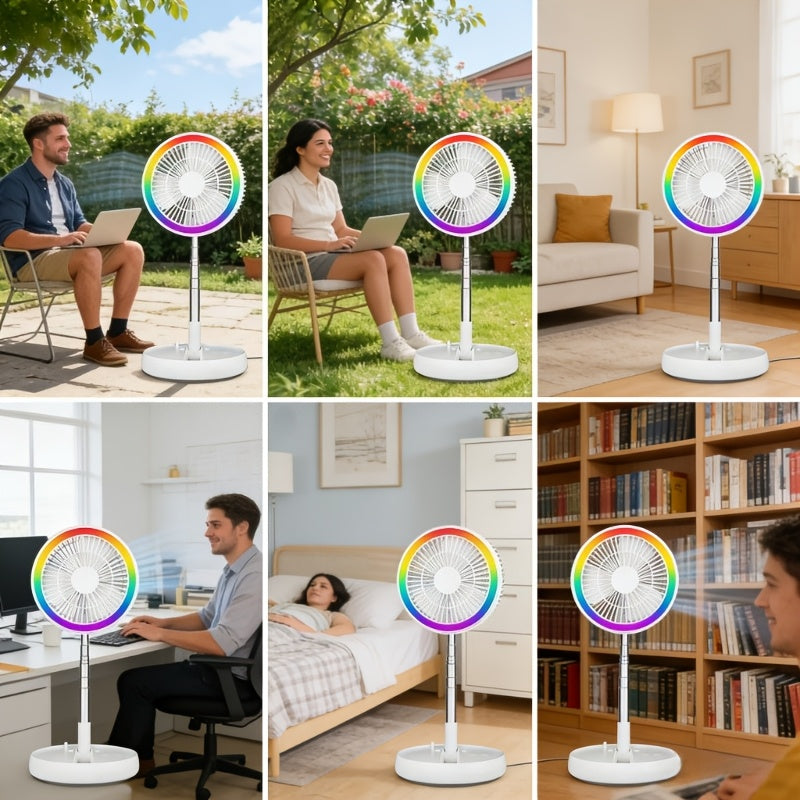Folding Rechargeable Fan with Remote Control, 3600mAh Telescopic Portable Fan with 4 Speeds, USB Charging and 7-Color Ambient Light, Low Noise Expandable Battery Fan for Home, Office, Travel, Camping, RV and Dorm