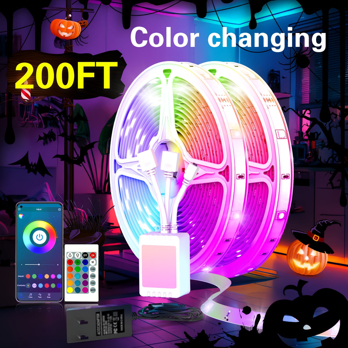 Music Sync LED Strip Lights, 200ft RGB Color Changing Kit with App and Remote Control, Timer and Two 30m Rolls for Bedroom and Party Decor