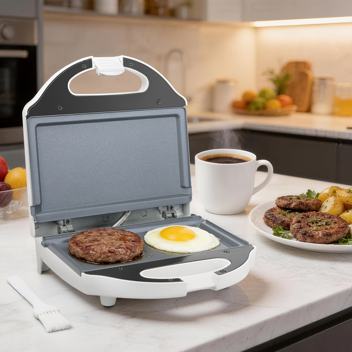 Compact Electric Grill in White with Double-Sided Heating, Listed Ceramic Coating and Heat-Resistant Handle for Sandwiches, Eggs and Home Breakfast Preparation