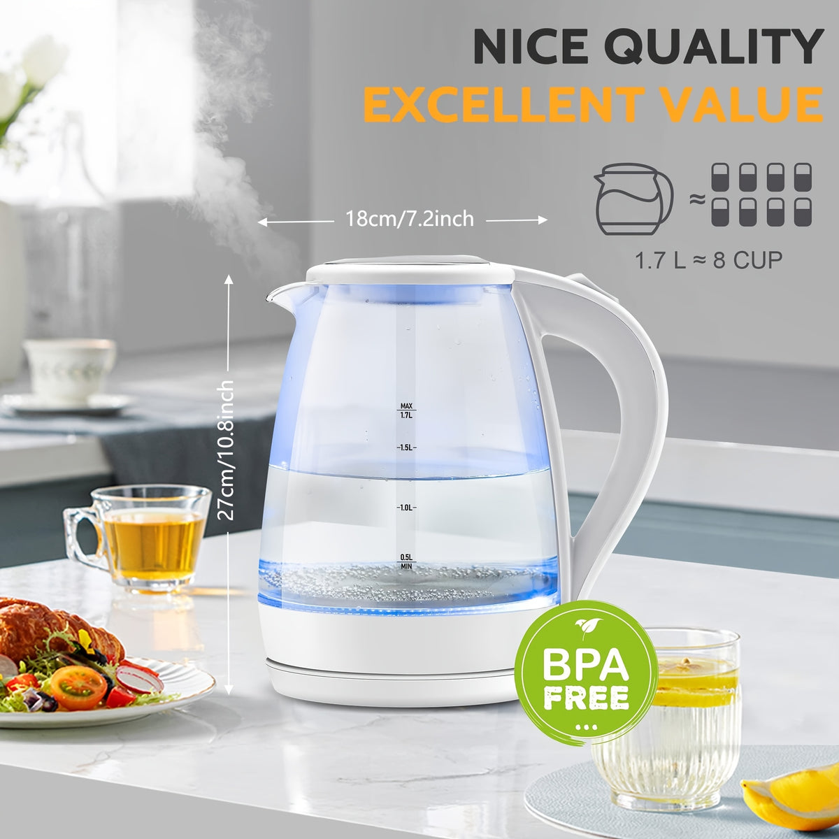 Blue LED Glass Electric Kettle with Listed 1.7L Capacity and 1200W Heating, Angled Pouring Spout, Auto-Shutoff and Boil-Dry Protection for Tea and Hot Water