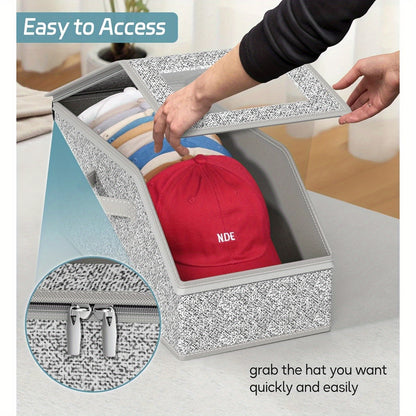 Stackable Baseball Cap Storage Boxes with Clear Viewing Window, Gray Hat Organizers in 2 or 4-Piece Sets for Closet Shelves, Socks and Small Accessories