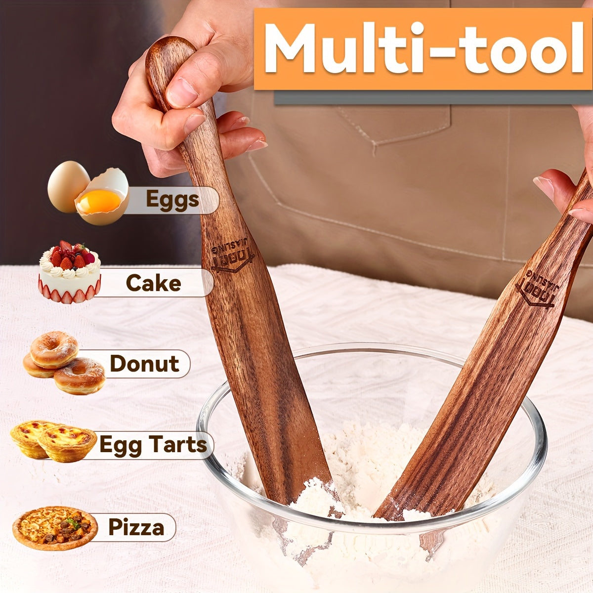 Skinny Wooden Spurtle for Sourdough Mixing and Deep Jars, Ergonomic Kitchen Stirring Spatula in Brown-1 with Single or Two-Piece Quantity Options