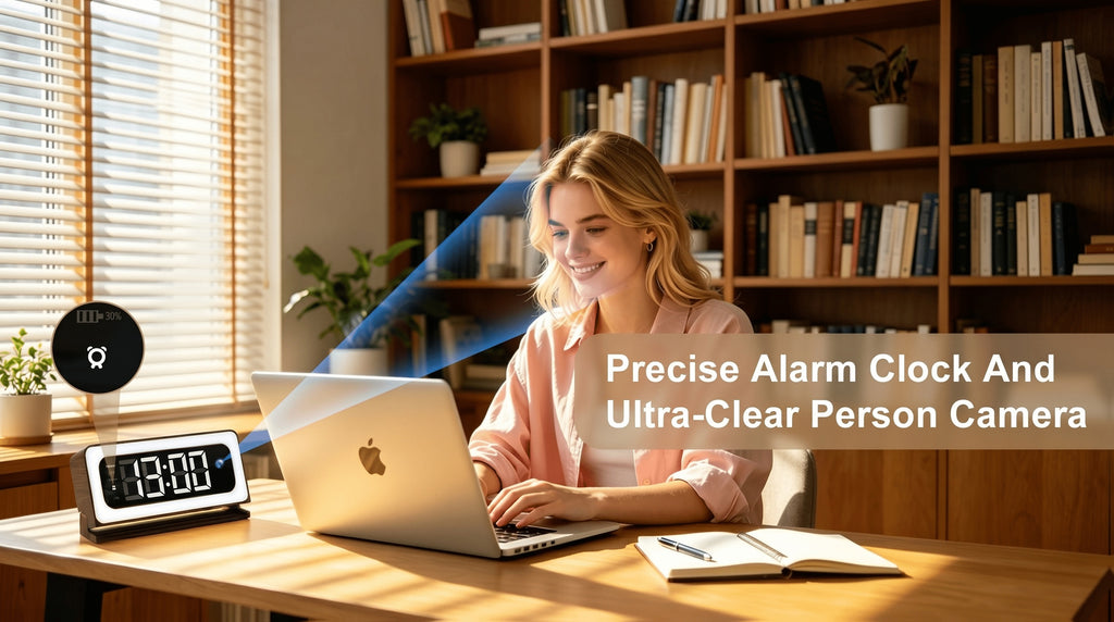 Wood-Grain Indoor Security Clock Camera with Listed 2K Video, Dual-Band WiFi, Color Night Vision, Motion Alerts, Rechargeable Battery and Optional microSD Storage