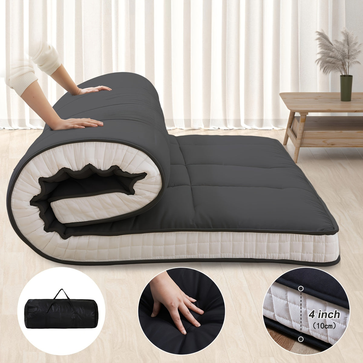 Japanese-Style Floor Mattress by LILYPELLE with Foldable Roll-Up Design, Black or Grey in Twin, Full and Queen Options for Guest Bedding and Floor Lounging