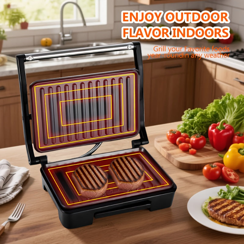 Double-Sided Electric Grill with Black Square Design and Listed Upper and Lower Heating, Panini and Sandwich Cooking Wording for Everyday Home Kitchen Meal Preparation