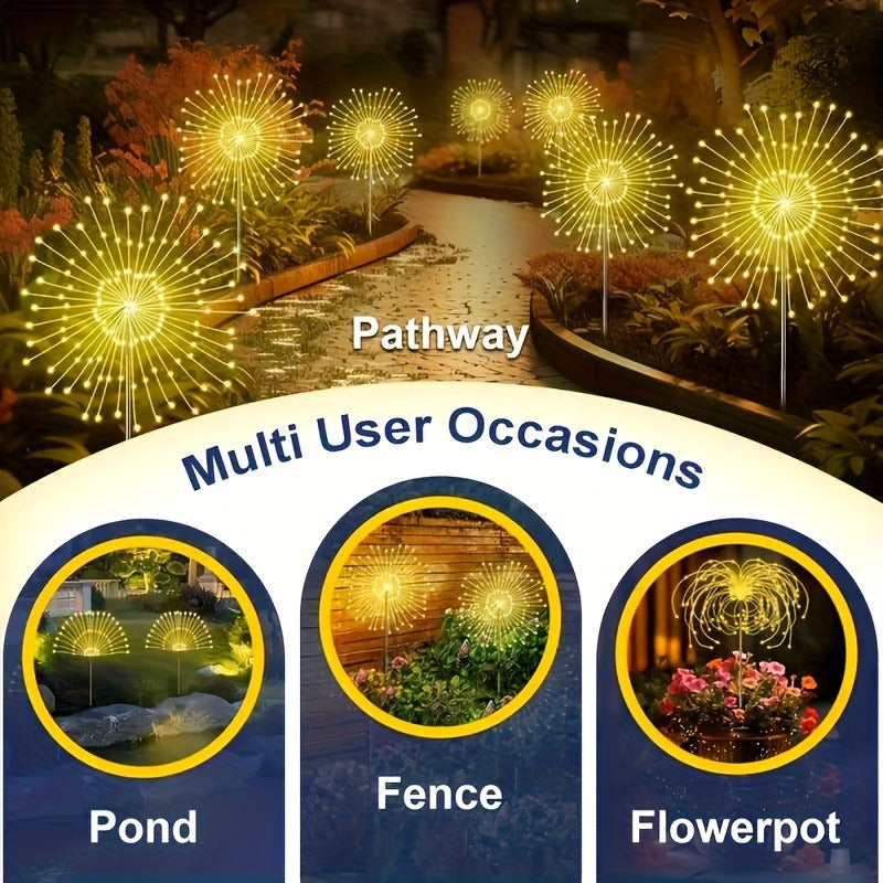 Solar Fireworks Garden Lights 8-Piece Set, Decorative Outdoor LED Lights with Listed Eight Modes in Multicolor, Warm or White Options for Lawn and Holiday Displays