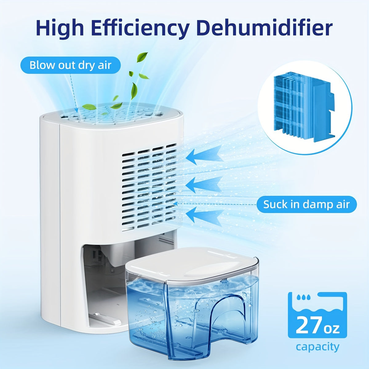 Small Home Dehumidifier with 27oz Water Tank, White Portable Peltier Mini Unit with Full-Tank Auto Shutoff for Bedrooms, Closets and Small Spaces