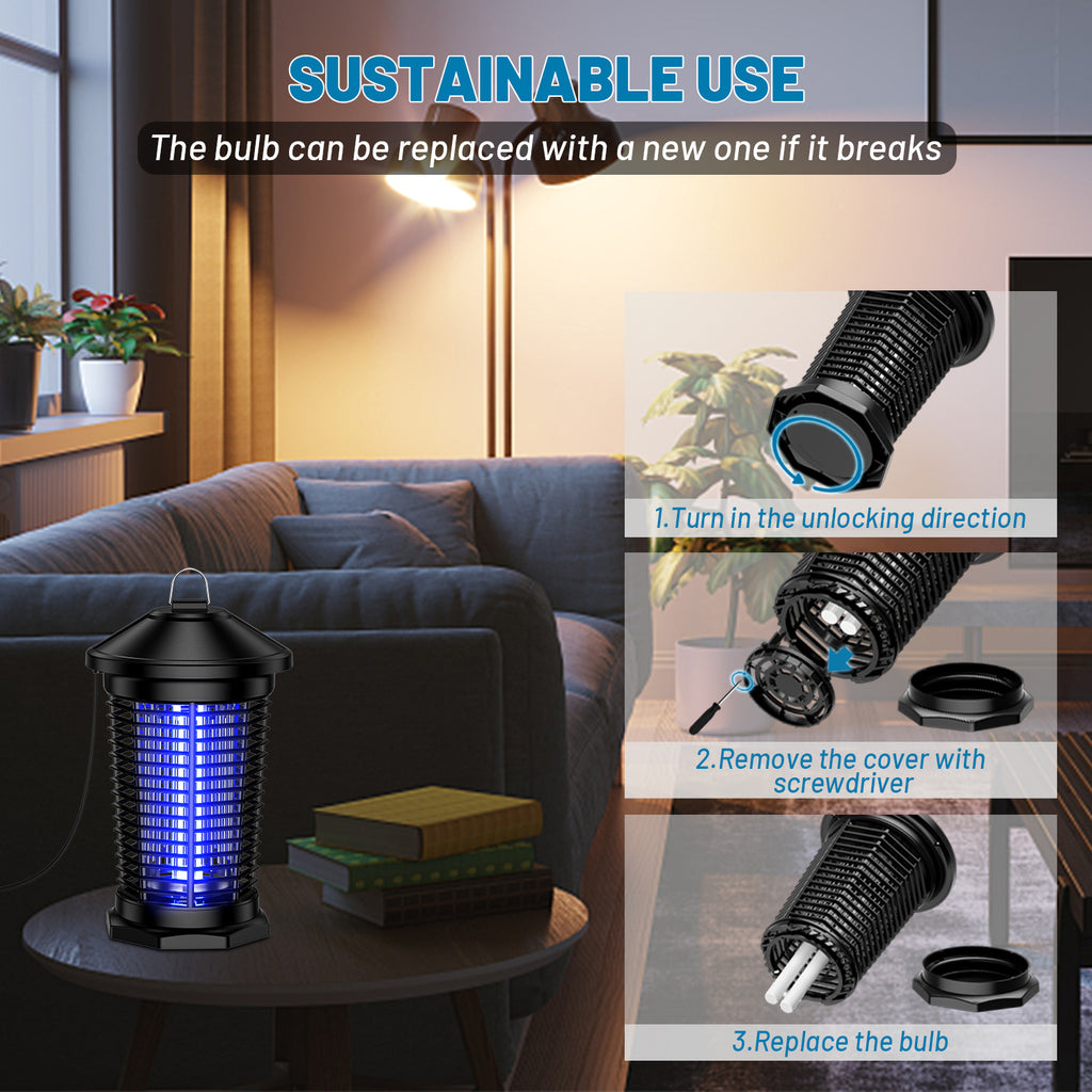 Plug-In Electric Bug Zapper in Black with Listed 18W 365nm Bulb and 4000V Grid, 6ft Cord, Hanging Hook, Removable Collection Tray, Screwdriver and Cleaning Brush